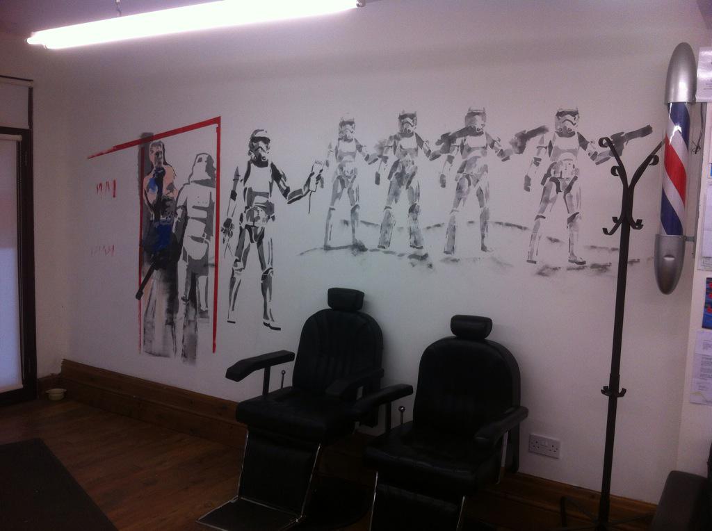 IanClucasbarber's tweet photo. Waiting room art. #barbershop #starwars #jackmassey @BarberConnect #localartist http://t.co/l5qVmDBR6K