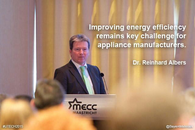 covestro's tweet photo. Dr. Reinhard Albers: Improving #EnergyEfficiency remains key challenge for appliance manufacturers. #UTECH2015 http://t.co/xYlStMRRaX