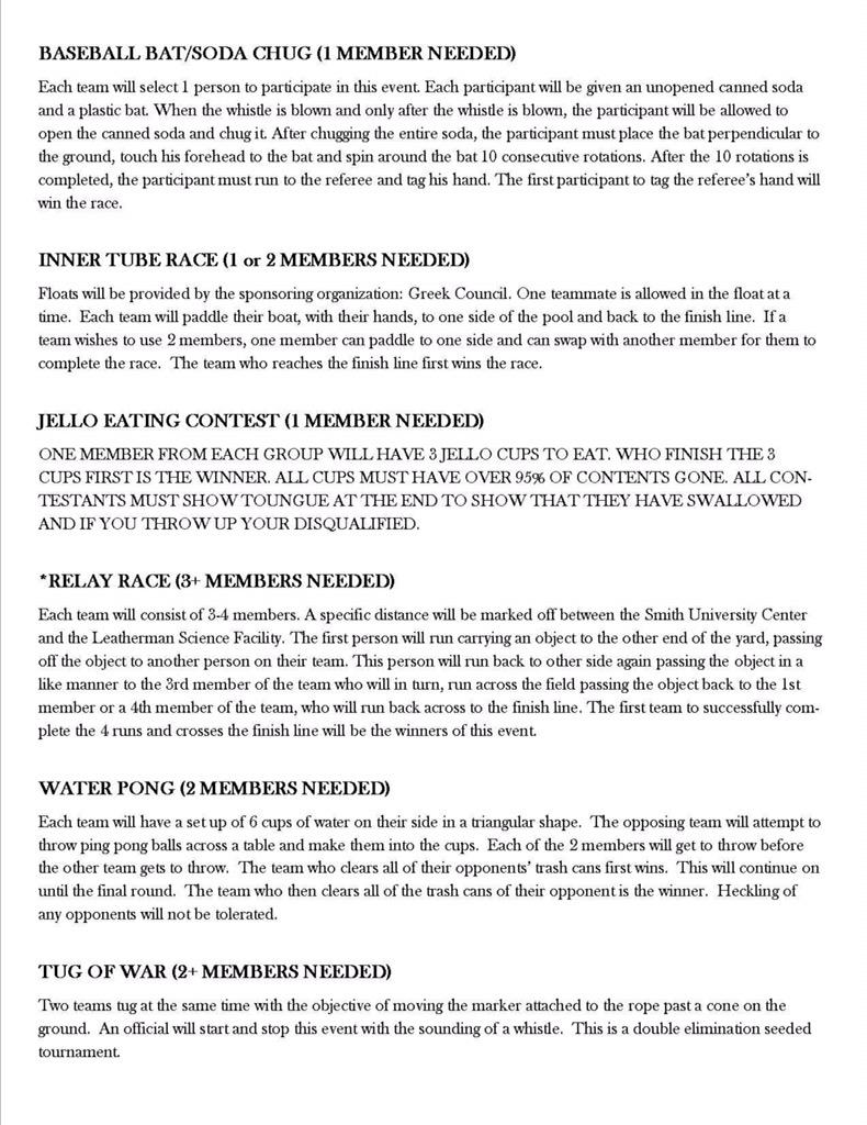 FMUGreekLife's tweet photo. These will be the official rules we're going by this week. Make sure you're collecting cans for the final day! http://t.co/oaIGUnhZwt