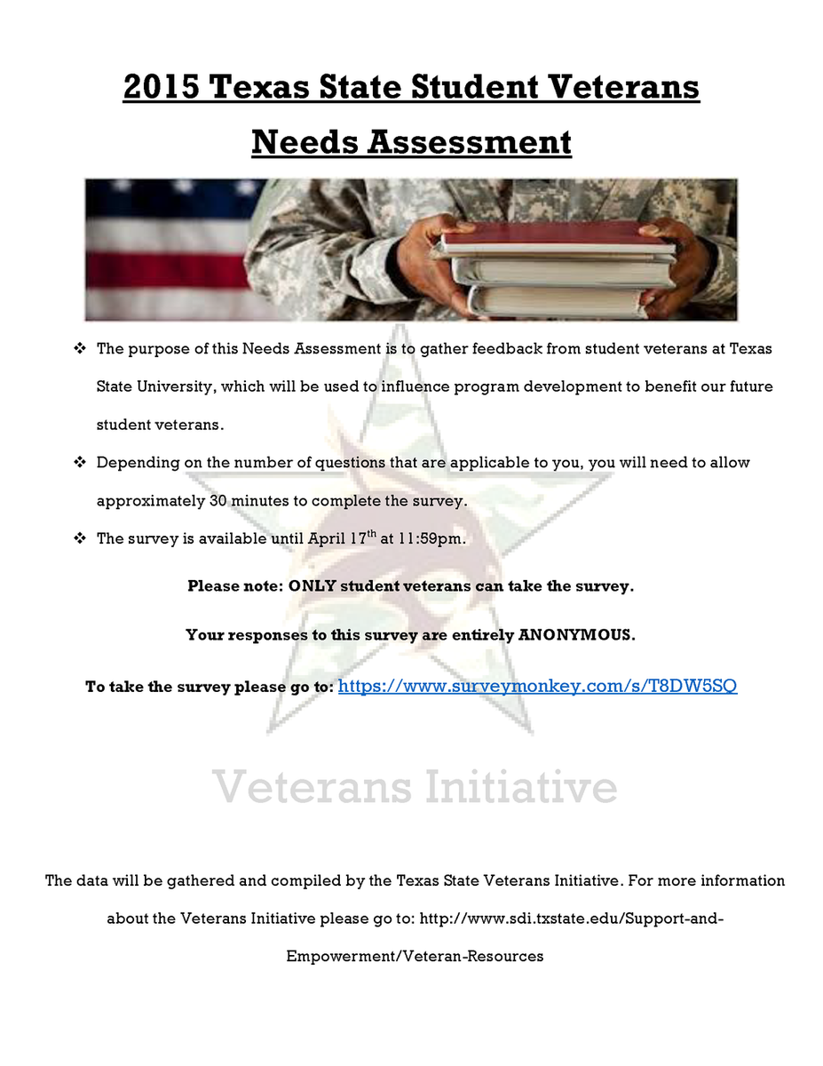 TexasStateVATS's tweet photo. Vet Needs Assessment Survey ends Friday: http://t.co/yyRUxDDMxP  | Help @txst help us. #TXST #TXST19 @TXST_TutorCorps http://t.co/YBj1s7wioJ