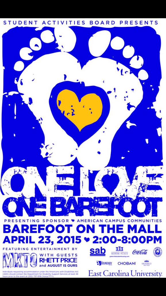 ECUSIL's tweet photo. BAREFOOT on the MALL is THURSDAY APRIL 23!! Come have fun and enjoy the music! @WeAreMKTO performing! #Barefoot15 http://t.co/T9d4tdHLZG