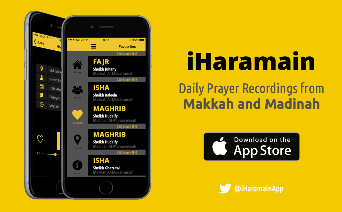 iHaramainApp's tweet photo. Listen to daily prayer recordings from Makkah and Madinah. Download iHaramain now on the App Store. http://t.co/slOMOjjSop