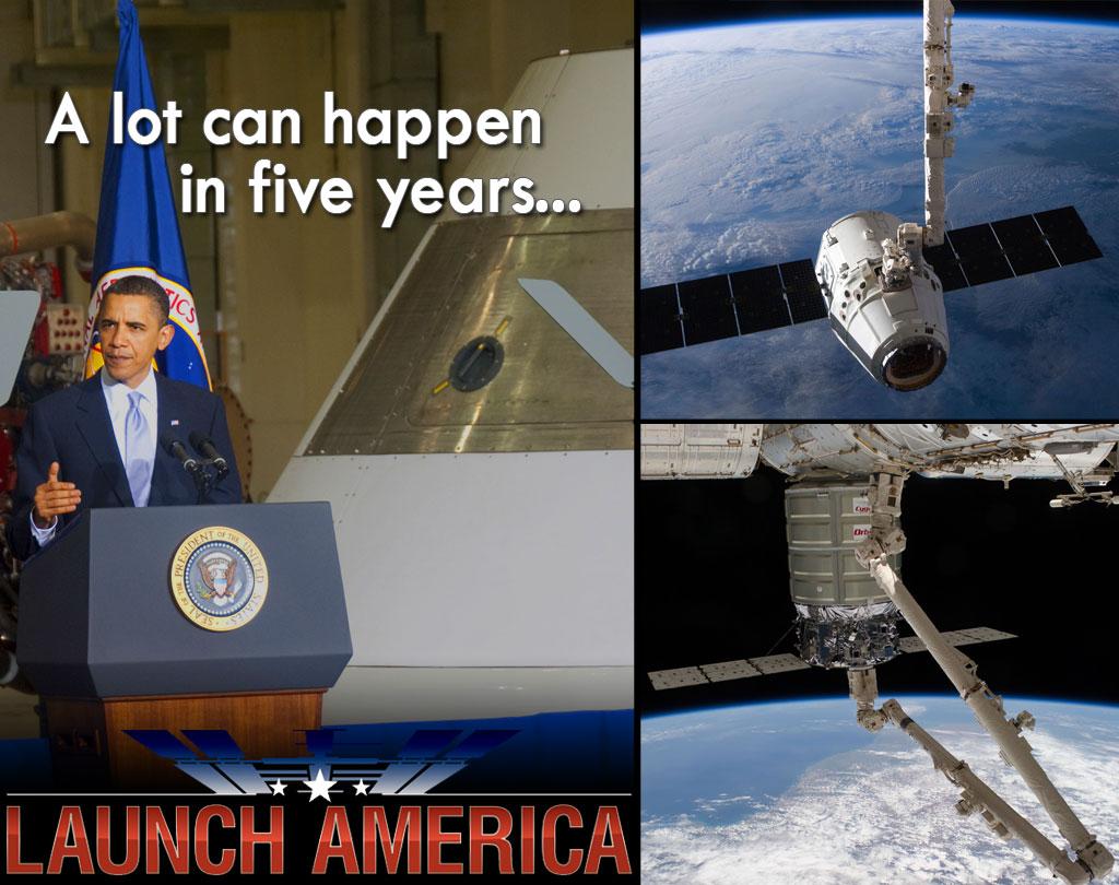 NASA's tweet photo. A lot can happen in 5 years.... 2 US companies launch cargo now to @Space_Station. Astronauts in 2017! #LaunchAmerica http://t.co/G0WHzAgm3f