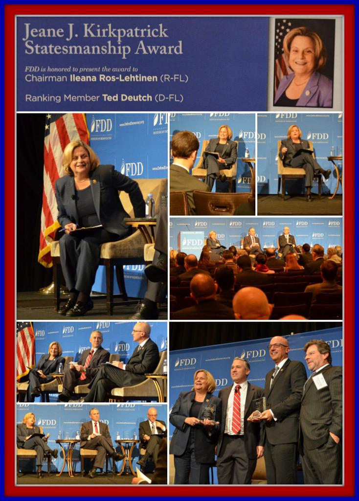 RosLehtinen's tweet photo. Honored 2 receive #JeaneKirkpatrick award w @RepTedDeutch by @followFDD. She wrote a forward 2 one of my dad's books! http://t.co/hco2NpY9v1