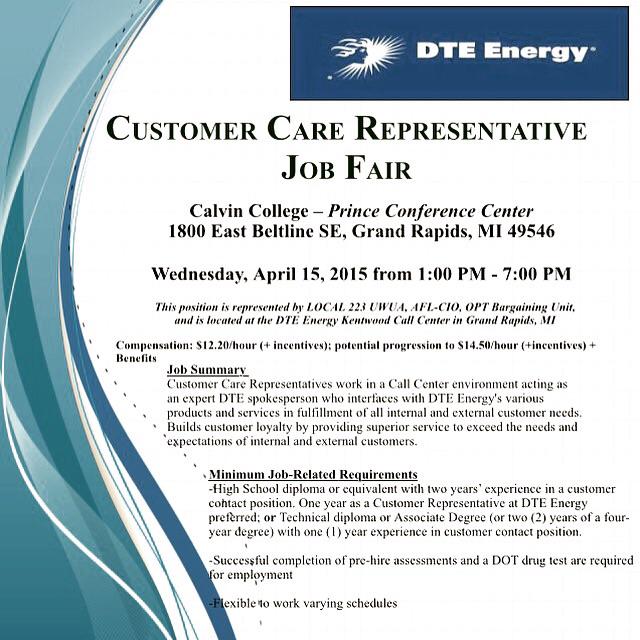 Attn Michigan West Siders: #DTEEnergy Job Fair TODAY in Grand Rapids/Kentwood! See flyer and feel free to send/share!