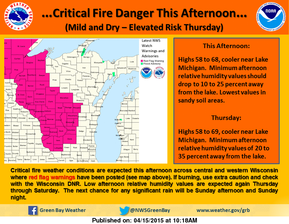 NWSGreenBay's tweet photo. Despite tranquil conditions this afternoon...low humidity will lead to critical fire danger in some areas. http://t.co/JuGi7uaIpc