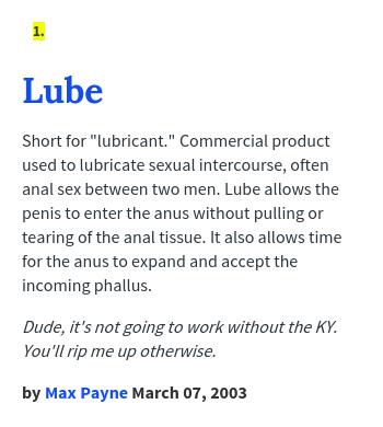 masonchillout Lube: Short for "lubricant." Commercial product used to lubricate s... http://t.co/zWarY9SeOL masonchillout Lube: Short for "lubricant." Commercial product used to lubricate s... http://t.co/zWarY9SeOL