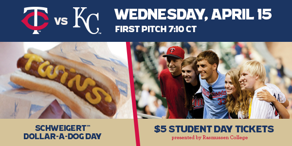 Twins's tweet photo. Students! Tonight. $5 tickets. $1 hot dogs. FREE RIDES from @MetroTransitMN. Get it! http://t.co/gjv40pFIlt http://t.co/3t1jnlpDz8