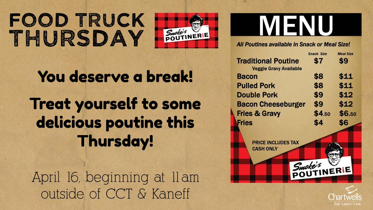 UTM_Dining's tweet photo. Tomorrow is #FoodTruckThursday! Smoke's Poutinerie will be on campus starting at 11am! #UofTMississauga @poutinerie http://t.co/57mpbD2xm5