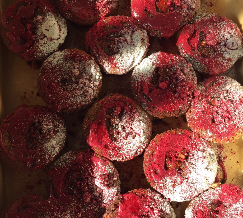 Hiya.Ronx here.Made these flourless Goji. Choc &amp; Raspberry cakes with Cassis icing for a good friend.Enjoy the sun. 😘