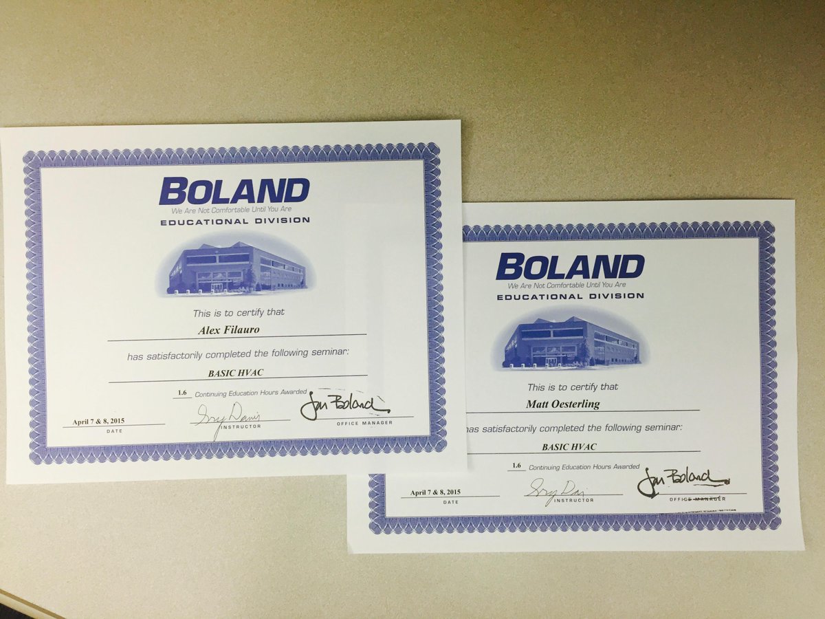 TMRengineer's tweet image. How important is continuing education to your team? Congrats Alex &amp;amp; Matt for completing the Boland Basic HVAC Seminar