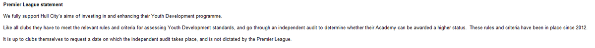 jameshoggarth's tweet photo. Statement from the @premierleague regarding the #AircoArena and the audit over Academy status #Hull @RadioHumberside http://t.co/qLdjSMxXzF