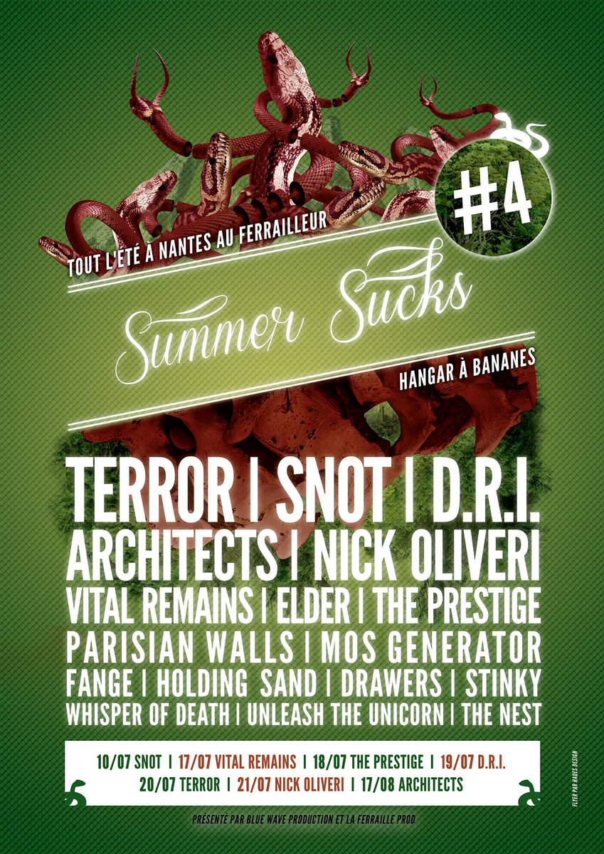 LeFerrailleur's tweet photo. Le #SummerSucks revient au Ferra: TERROR, SNOT, D.R.I, ARCHITECTS, NICK OLIVERI, VITAL REMAINS http://t.co/dSerKROmO7 http://t.co/PbFYwEbUZZ