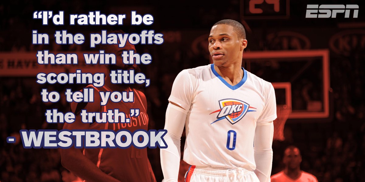 espn's tweet photo. Russell Westbrook could lock up his 1st scoring title tonight, but he has bigger concerns. http://t.co/ZjVWfwdbdb http://t.co/0p2zgTJei9