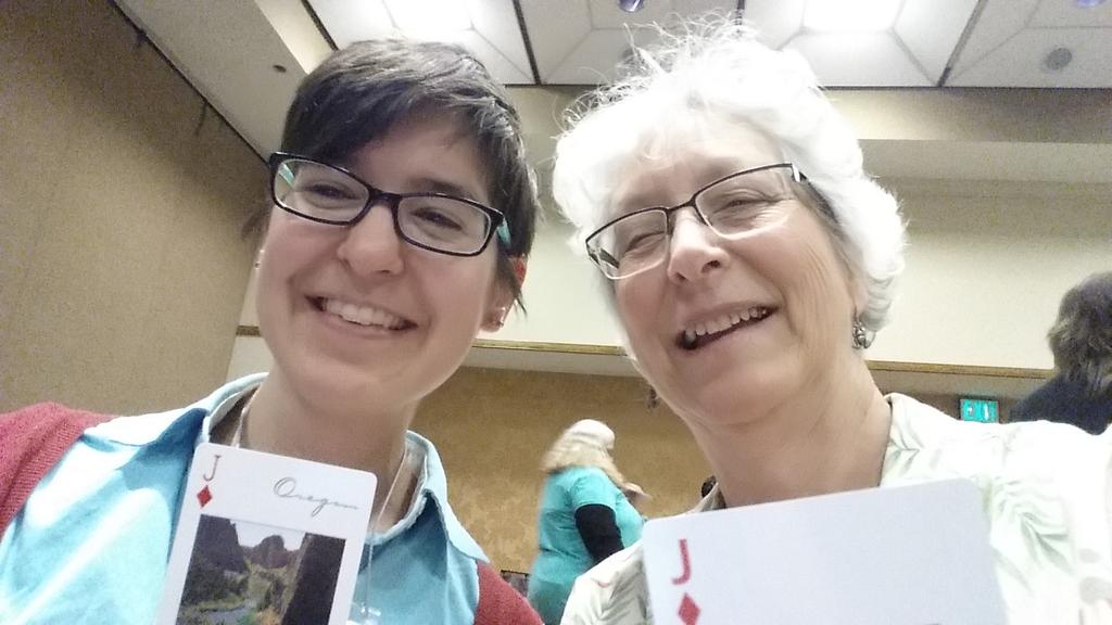 librarythea's tweet photo. Found my match at the #ovrs2015 (Well, she found me). Thanks Kate McQueen from Eugene Public Library! http://t.co/hUzaZWEyvR