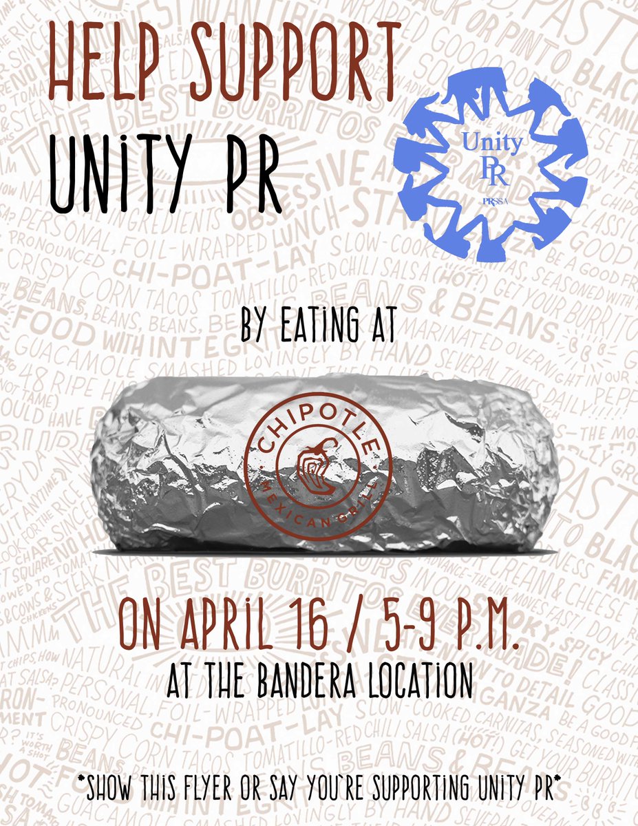 UNITYPR_UTSA's tweet photo. Just one more day until the @UNITYPR_UTSA fundraiser at #Chipotle! Share with all of your friends! #UnityPR #UTSA #PR http://t.co/K4iTqLfKUP