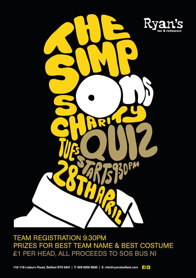 Tuesday night! Whats on? Charity quiz for <a href="/SOSBUSNI/">SOS Bus NI</a> <a href="/RyansBelfast/">Ryan's Bar</a>. Come out and support a great cause #quiz
