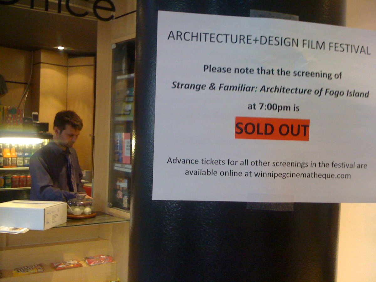 WFGCinematheque's tweet photo. Mark has bad news. Strange &amp; Familiar: Architecture of Fogo Island is SOLD OUT! @wpgarch http://t.co/HgtLzNv82o