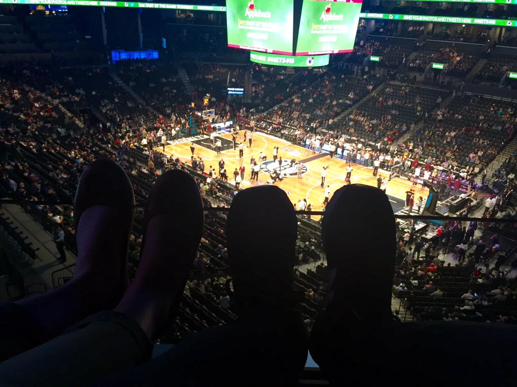JaymeFR's tweet photo. Putting our feet up and getting ready for the #Nets game tonight! #frontrow @duck_muscle #nets415 http://t.co/MdJ18ILnCp