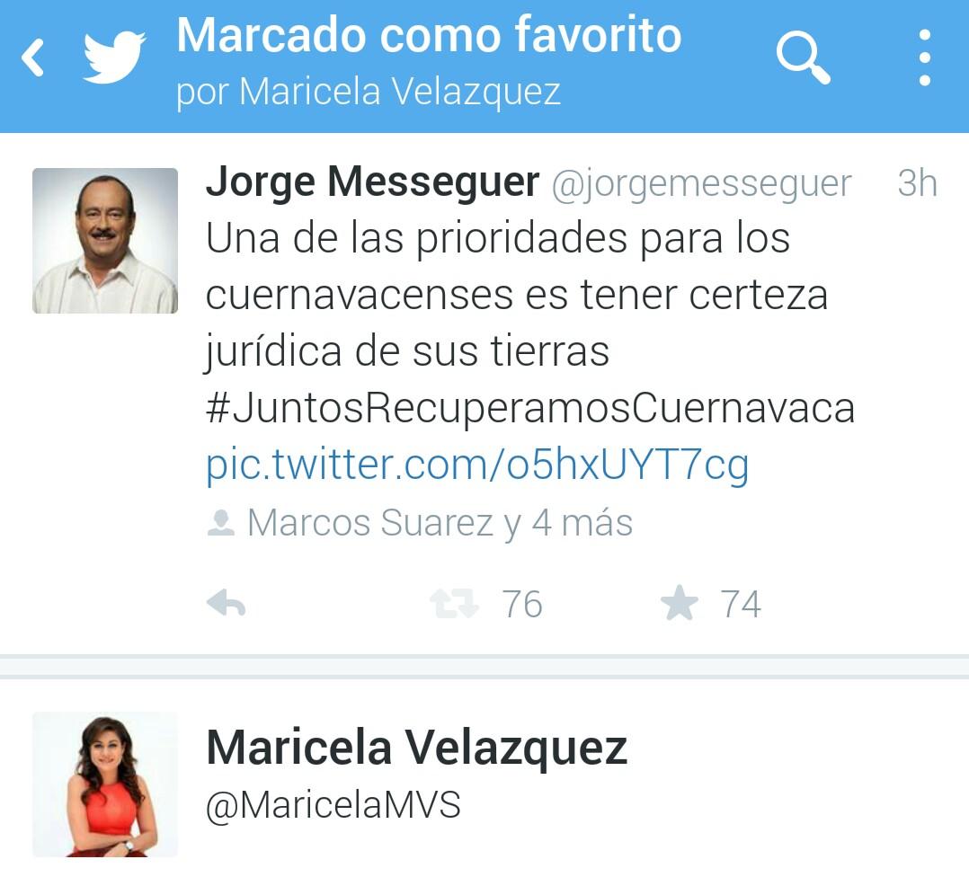 MorelosNews's tweet photo. A @MaricelaMVS le gustan los tuits de @jorgemesseguer?, a lo mejor estaba espiando a su rival y se le fue el dedo http://t.co/QZEgECBaNf