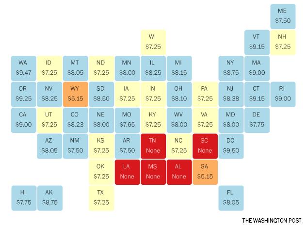 PostGraphics's tweet photo. Two years ago, there were 19 states with a minimum wage above $7.25. Now, there are 29. http://t.co/pW3Gre5UwN http://t.co/4L5wCl6Eqd