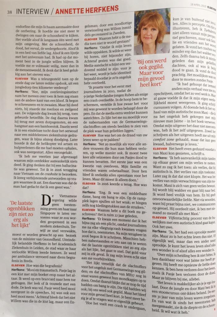 <a href="/Elsevier/">Elsevier</a> indrukwekkend interview <a href="/AnnetteHerfkens/">Annette Herfkens</a>, 1 vd 54 "sole survivors": huilde niet vanwege dorst.#Turbulentie