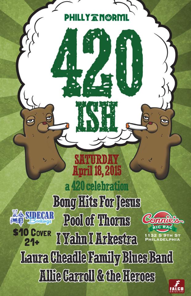 eccannabis's tweet photo. Celebrate 420 early with @PhillyNORML Saturday at Connie's Ric Rac, featuring @BongHits4Jezus https://t.co/JfOogdVxe3 http://t.co/kKMO36loHj