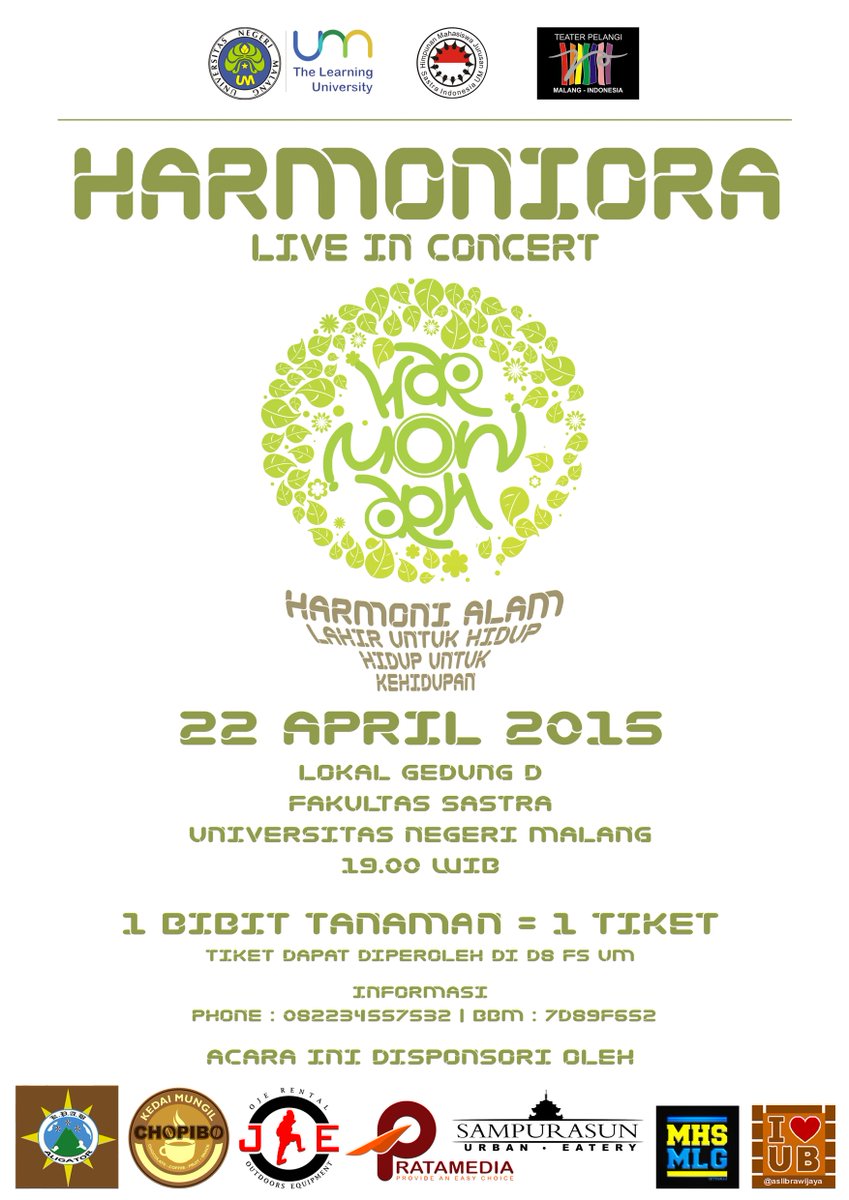 Jangan lupa ada konser HARMONI ALAM di Fakultas Sastra UM. Memperingati Hari Bumi, 22 April 2015. Cc : <a href="/SasindoUM/">Sasindo UM</a>