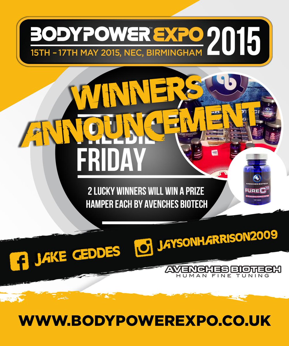 BodyPowerExpo's tweet photo. A big shout-out to the FREEBIE FRIDAY winners! You have some amazing prizes by @AvenchesBiotech 
#4WeeksToBodyPower http://t.co/dqvAcMw6Sd