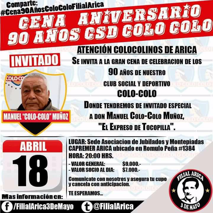 FilialArica's tweet photo. #Aniversario #ColoColo 
Invitado Manuel Colo-Colo Muñoz "El Expreso de Tocopilla" 
Filial #Arica 3 de Mayo http://t.co/Q3PAJliCN7