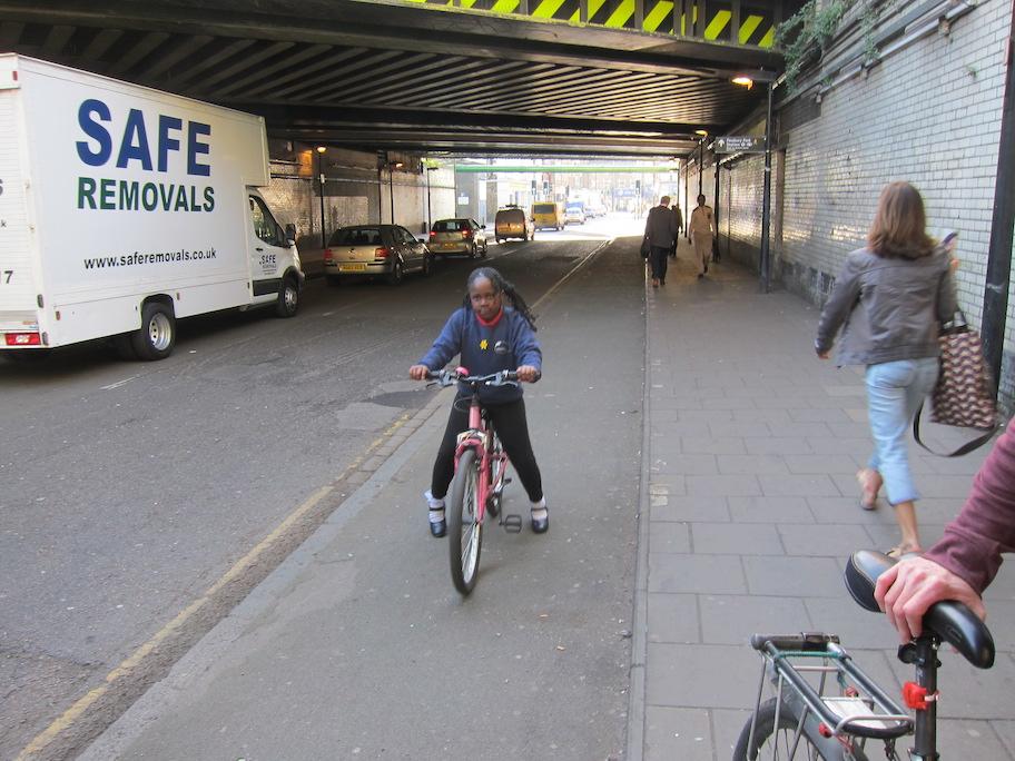 Give cyclists protected space and something amazing happens: all ages use it. (Stroud Green Road, Islington.)