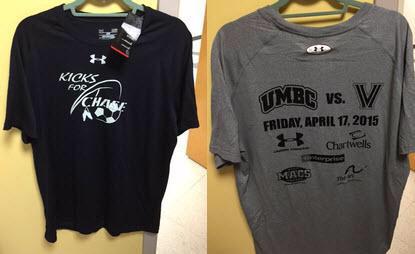 UMBCMensSoccer's tweet photo. Selling #KicksForChase UA T's today 11-2 - Breezeway by the Commons for just $10! @UMBCAthletics @UMBCSportsMktg http://t.co/T3ta4mQ1rY