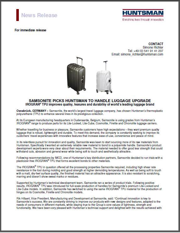 Huntsman_Corp's tweet photo. Travelling home from #UTECH2015 with @SamsoniteUS luggage? Many cases contain #Huntsman TPU. http://t.co/w6PjyP2vrf http://t.co/aPz6c61jpK