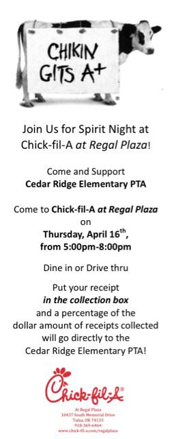 Support CRE PTA by eating delicious food tonight! We hope to see you there!