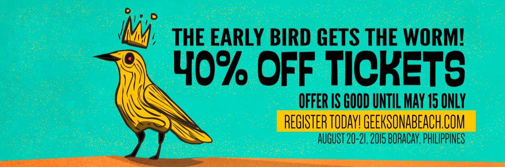 GeeksOnABeach's tweet photo. Discounts! Get 'em today #EarlyBird rate 40% off. #tech #startups #business http://t.co/fmr0xDdj2F Aug 20-21 #Boracay http://t.co/zwsCmN48sl