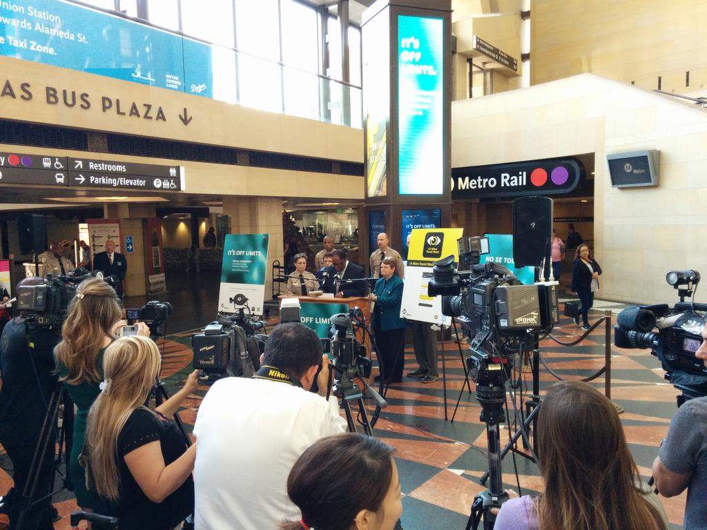 AcrossLA's tweet photo. Metro introducing their #ItsOffLimits campaign against Sexual Harassment @ Union Station. #MyDayInLA @metrolosangeles http://t.co/7WOfnriOez
