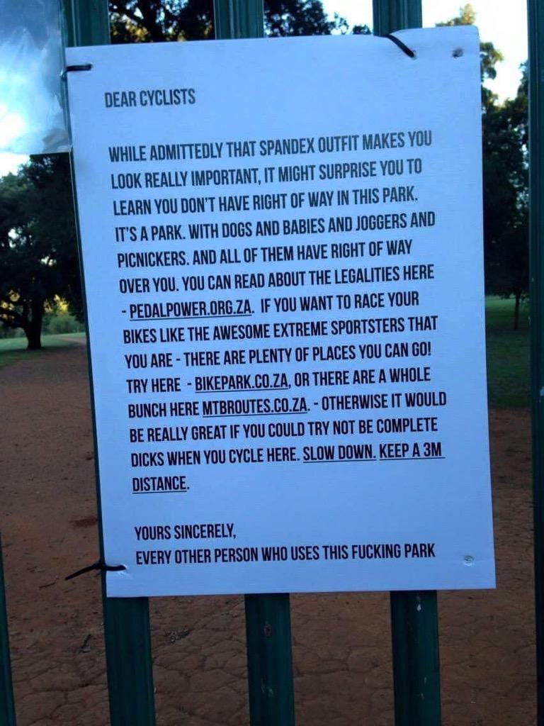 Bruceps's tweet photo. With love and respect to my cyclist friends, I so approve of this notice at Emmarentia Park http://t.co/QoxSaRINcr