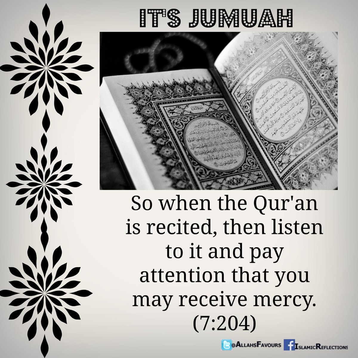 AllahsFavours's tweet photo. So when the Qur'an is recited, then listen to it and pay attention that you may receive mercy. (17:204) http://t.co/oIg8Tjd9LR