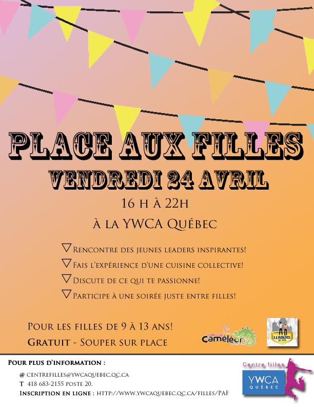 YWCAFilles's tweet photo. N'oubliez pas, vendredi le 24 avril prochain, c'est PLACE AUX FILLES! Dès 16h00! @ywcaqc #PAF2015 http://t.co/8p8SfZEIgS