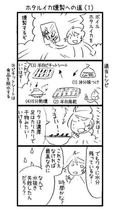 創意工夫が功を奏してホタルイカの燻製に成功したので、喜びを漫画にしたよ!これはうまい! 