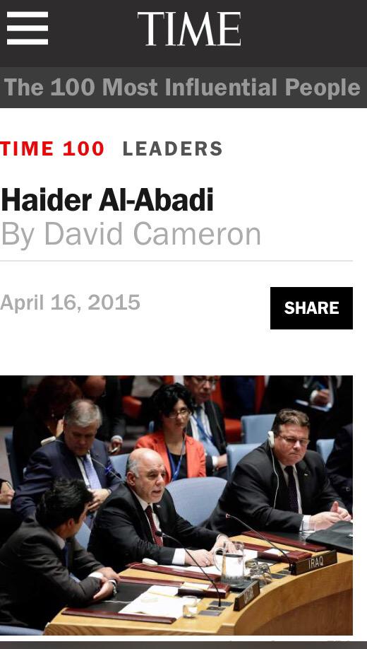 FailyLukman's tweet photo. Prime Minister @HaiderAlAbadi chosen by @TIME among Top 100 Leaders http://t.co/Zgk3v1mqAc http://t.co/ypGCBSjuqZ