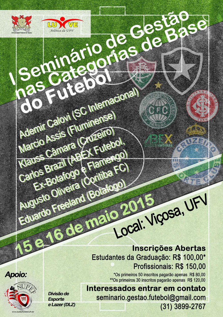 NUPEF_UFV's tweet photo. @AtleticaLUVEUFV apresenta o 1o Sem. de Gestão em Futebol com palestrantes do @SCInternacional, @FluminenseFC e mais! http://t.co/8pAHjmemRz