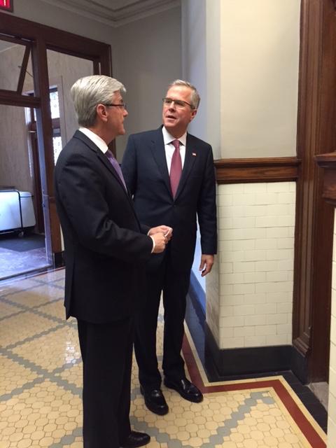 JebBush's tweet image. Comparing education reform notes with my friend @PhilBryantMS before today&apos;s bill signing.