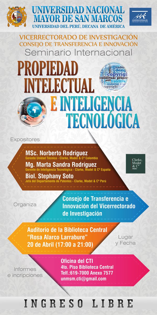 UNMSM_'s tweet photo. No te pierdas el Seminario Internacional "Propiedad intelectual e inteligencia #tecnológica". #IngresoLibre http://t.co/NPZ9uc8bub