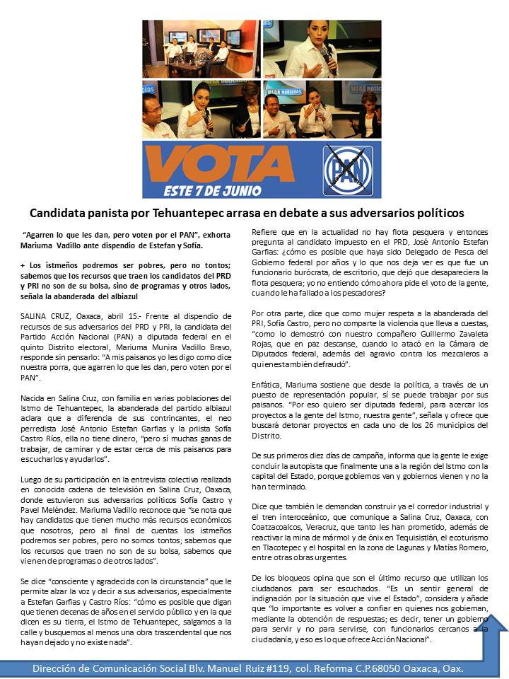 PANOaxaca's tweet photo. Candidata panista por Tehuantepec @soymuma arrasa en debate a sus adversarios políticos http://t.co/a7T1Vj3E56