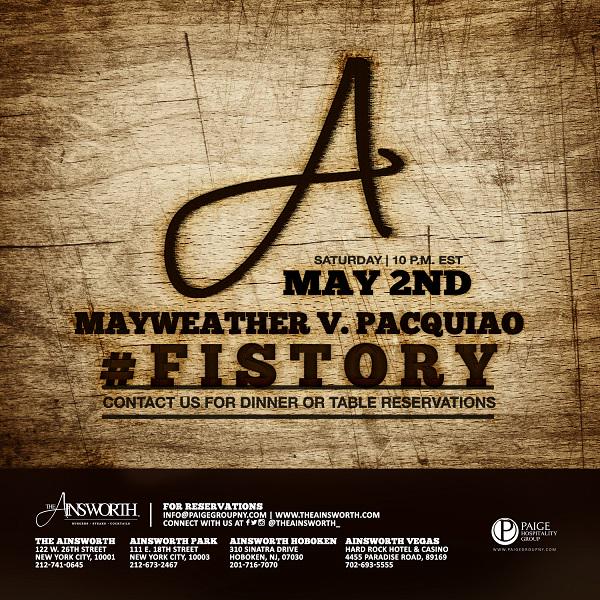 Watch the fight of the century <a href="/FloydMayweather/">Floyd Mayweather</a> v <a href="/MannyPacquiao/">Manny Pacquiao</a> at any of our locations: NYC, NJ &amp; LV #Fistory