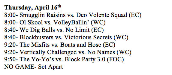GCIntramural's tweet photo. Here's the schedule for tonight's games! Come to HJ Long Gym at 8 pm! #GCIntramurals http://t.co/XBmBW9cYp2