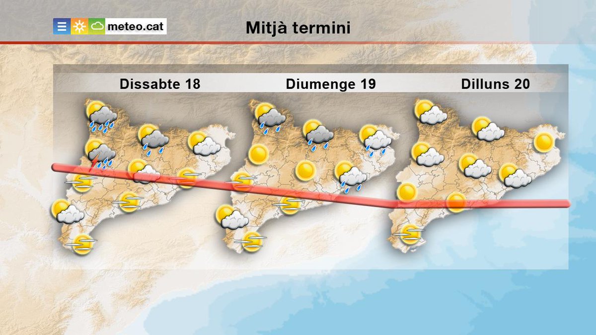 meteocat's tweet image. El cap de setmana hi haurà ruixats de tarda a zones de muntanya i baixaran lleugerament les temperatures. #meteocat