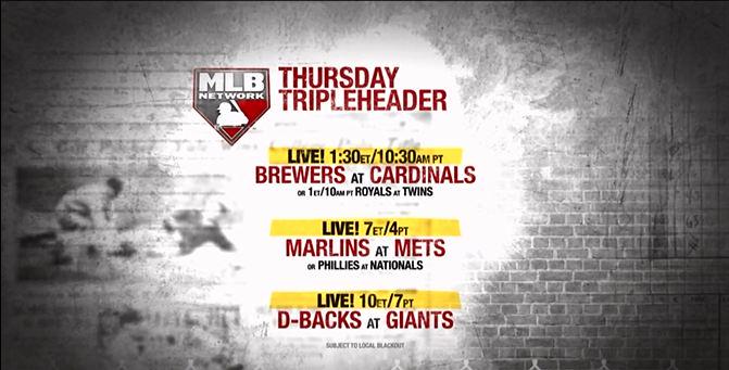 MLBNetwork's tweet photo. Don't miss an MLBN tripleheader! MIL-STL at 1:30pE (or KC-MIN, now), MIA-NYM at 7pE (or PHI-WAS) and ARI-SF at 10pE! http://t.co/IVyaQfnrml