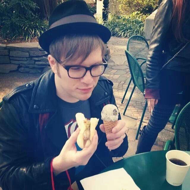 ppleating's tweet image. Patrick Stump being stumped on what to eat first.